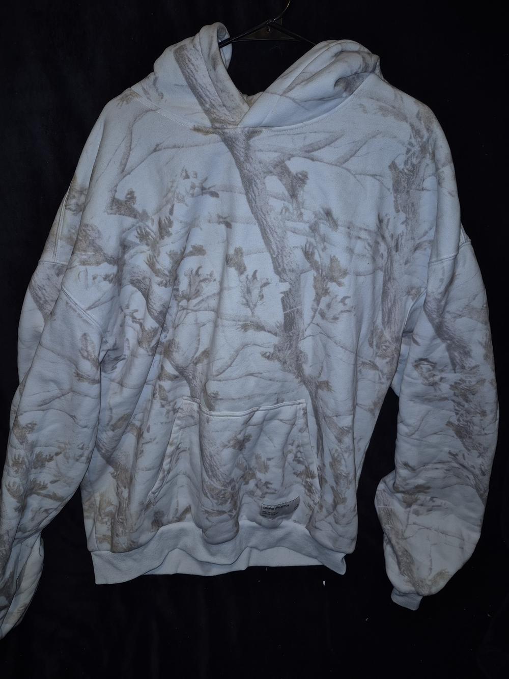 Mens Comfrt White Camo Hoodie with Taupe Botanical Print - Men's Casual Pullover
